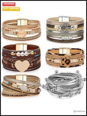 6 Pc PU Leather Bracelets Set Boho Stackable Wrist Jewelry